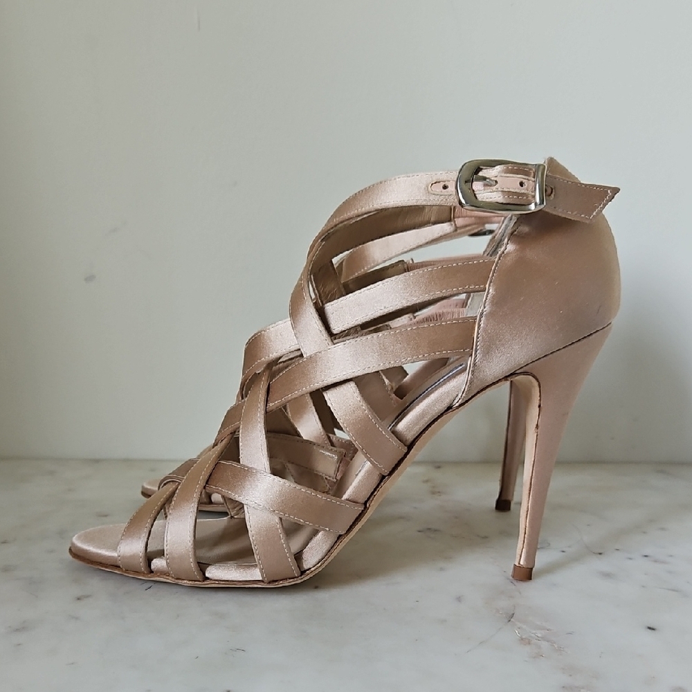 MANOLO BLAHNIK: Glam Nude Braided Satin Strap Heels